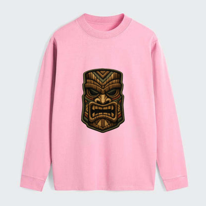 TIKI MASK - carved totem in brown and red , Polynesian - Classic Long Sleeve Shirt - Pink