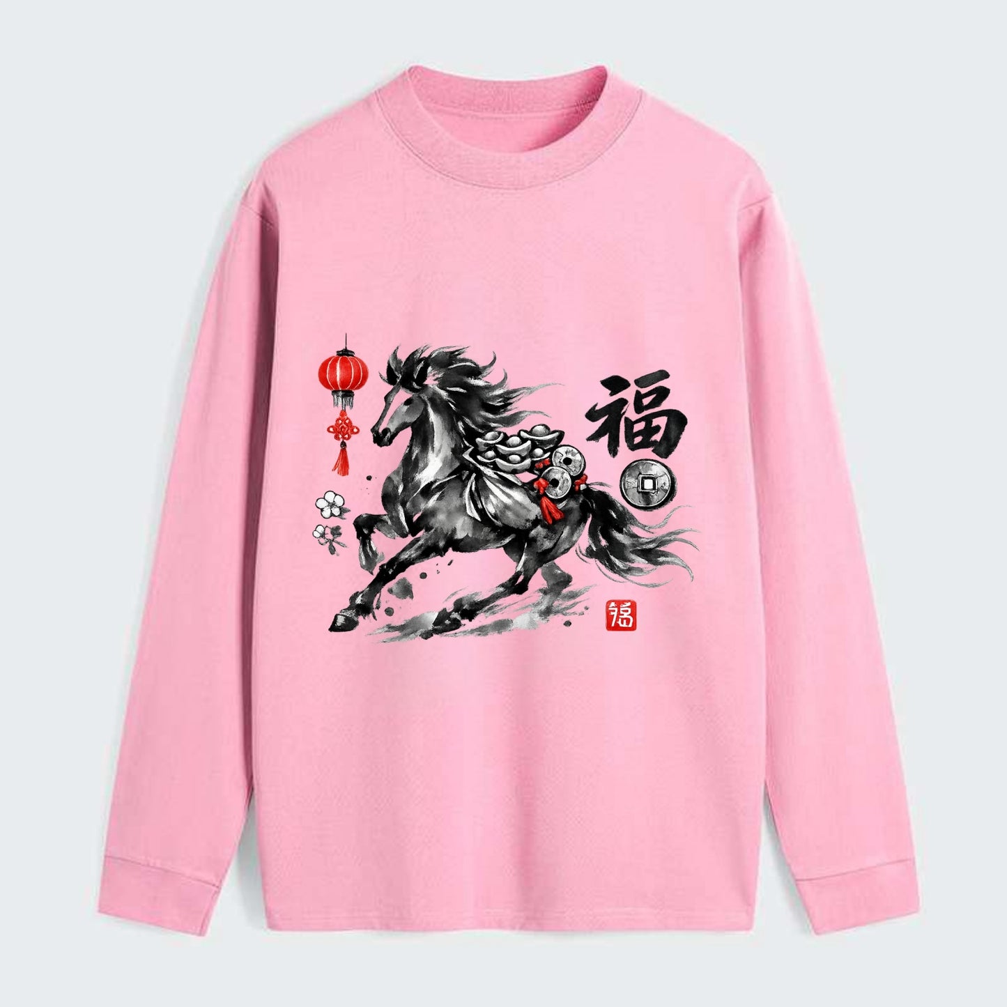 PROSPERITY HORSE | Horse carrying gold ingots and coins | Chinese knot - Classic Long Sleeve Shirt - Pink