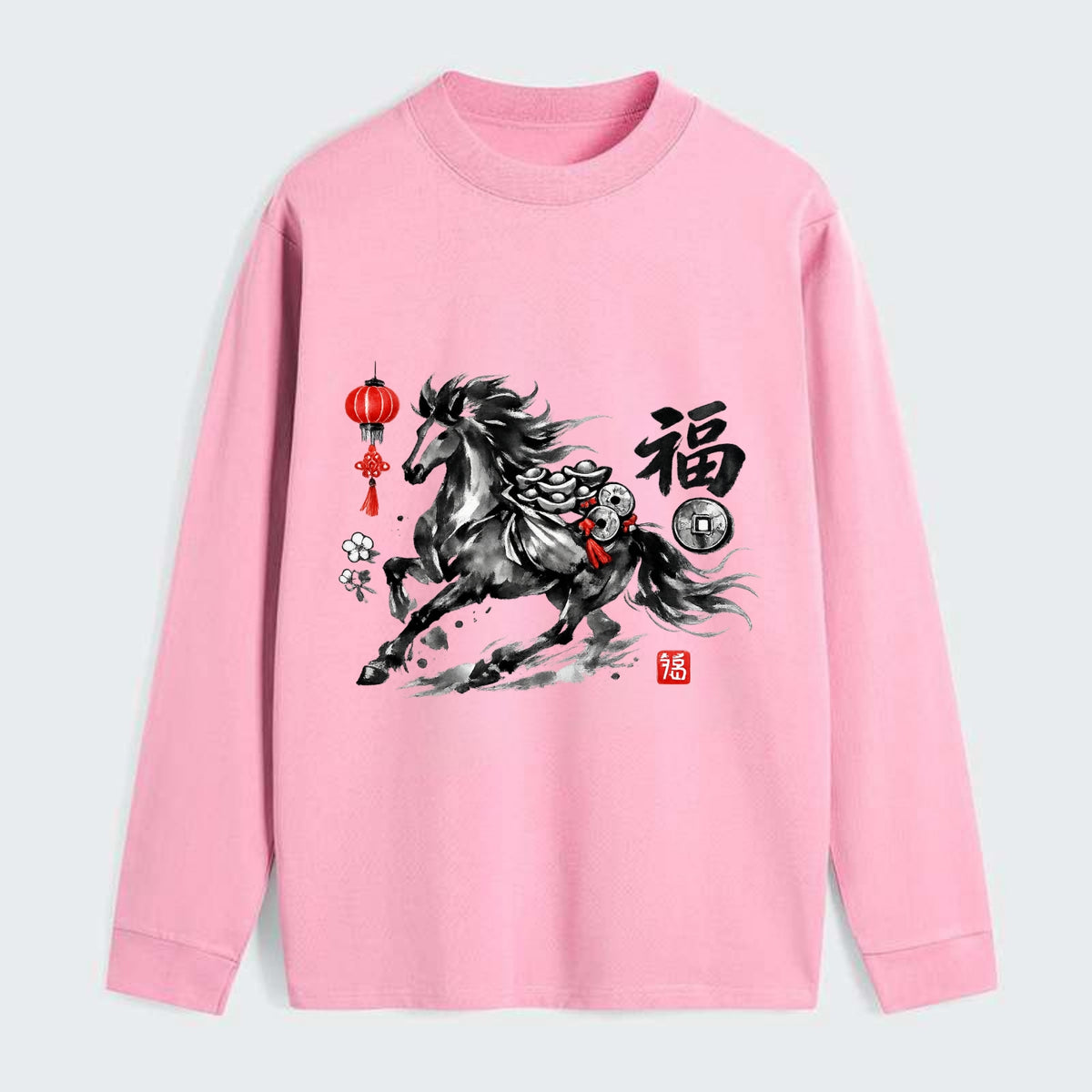 PROSPERITY HORSE | Horse carrying gold ingots and coins | Chinese knot - Classic Long Sleeve Shirt - Pink