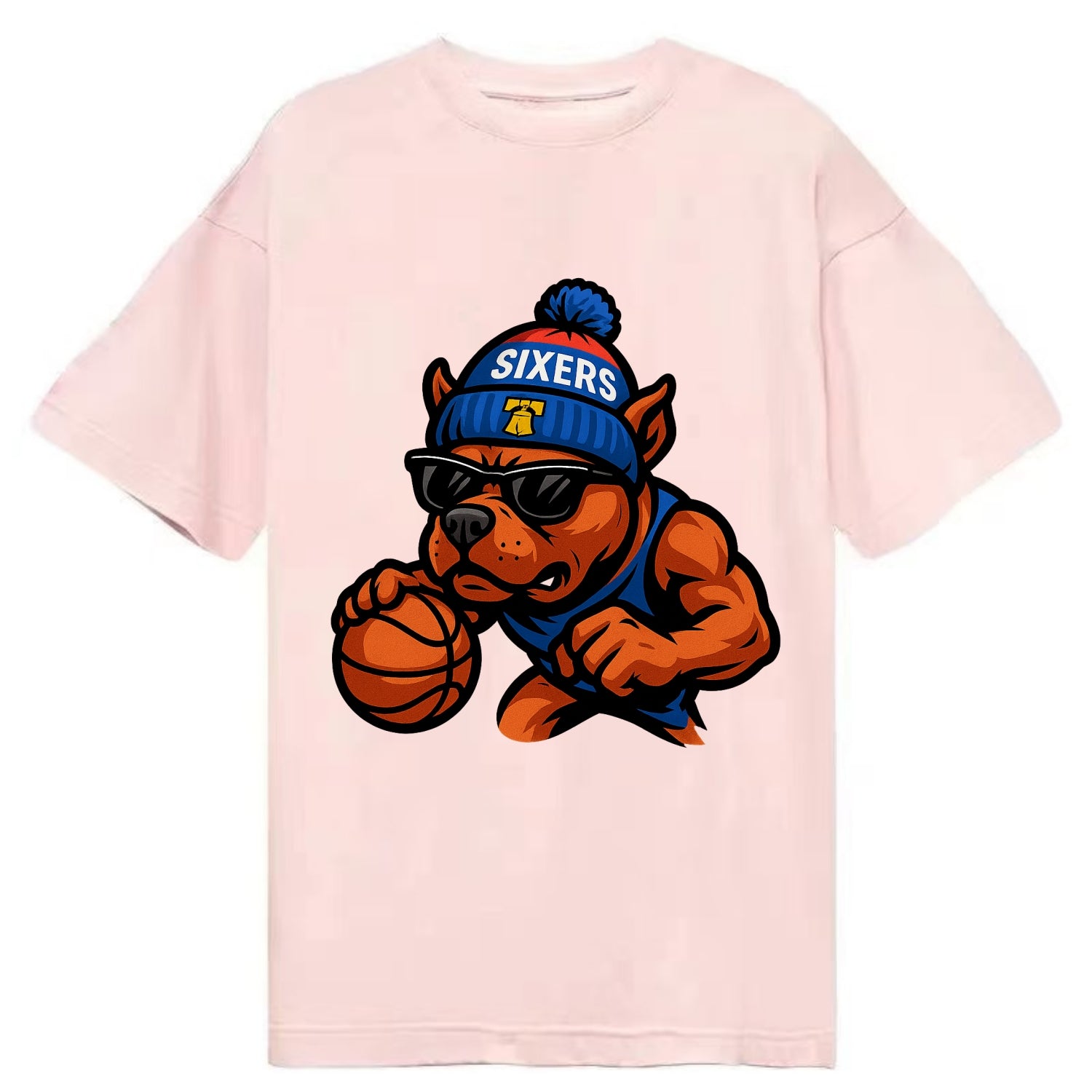 Philly Pitbull wearing Sixers beanie with Liberty Bell and wayfarer sunglasses - Classic T-shirt - Pink