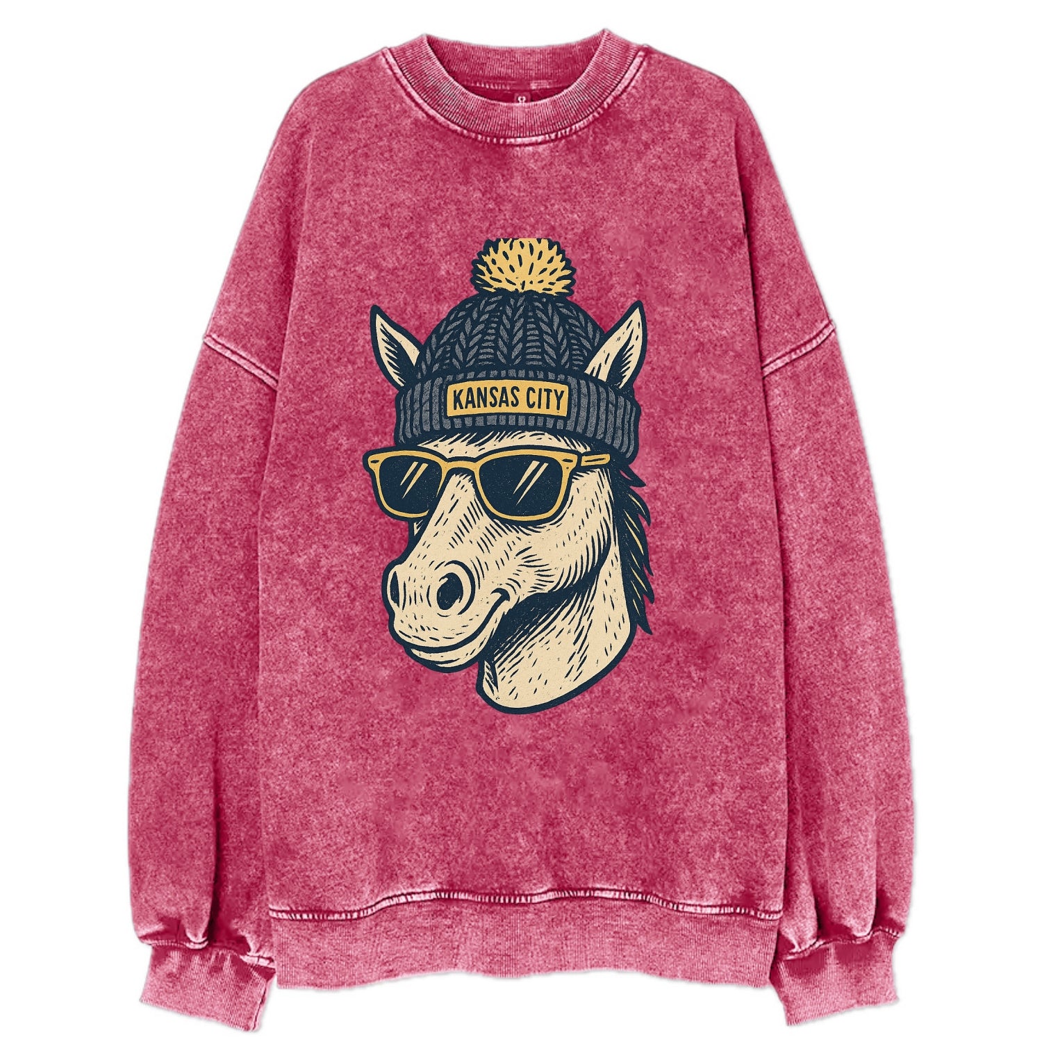 Missouri Mule wearing Kansas City beanie with pom pom and wayfarer sunglasses - Vintage Sweatshirt - Pink