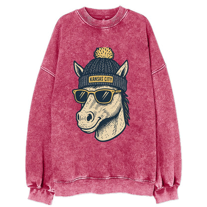 Missouri Mule wearing Kansas City beanie with pom pom and wayfarer sunglasses - Vintage Sweatshirt - Pink