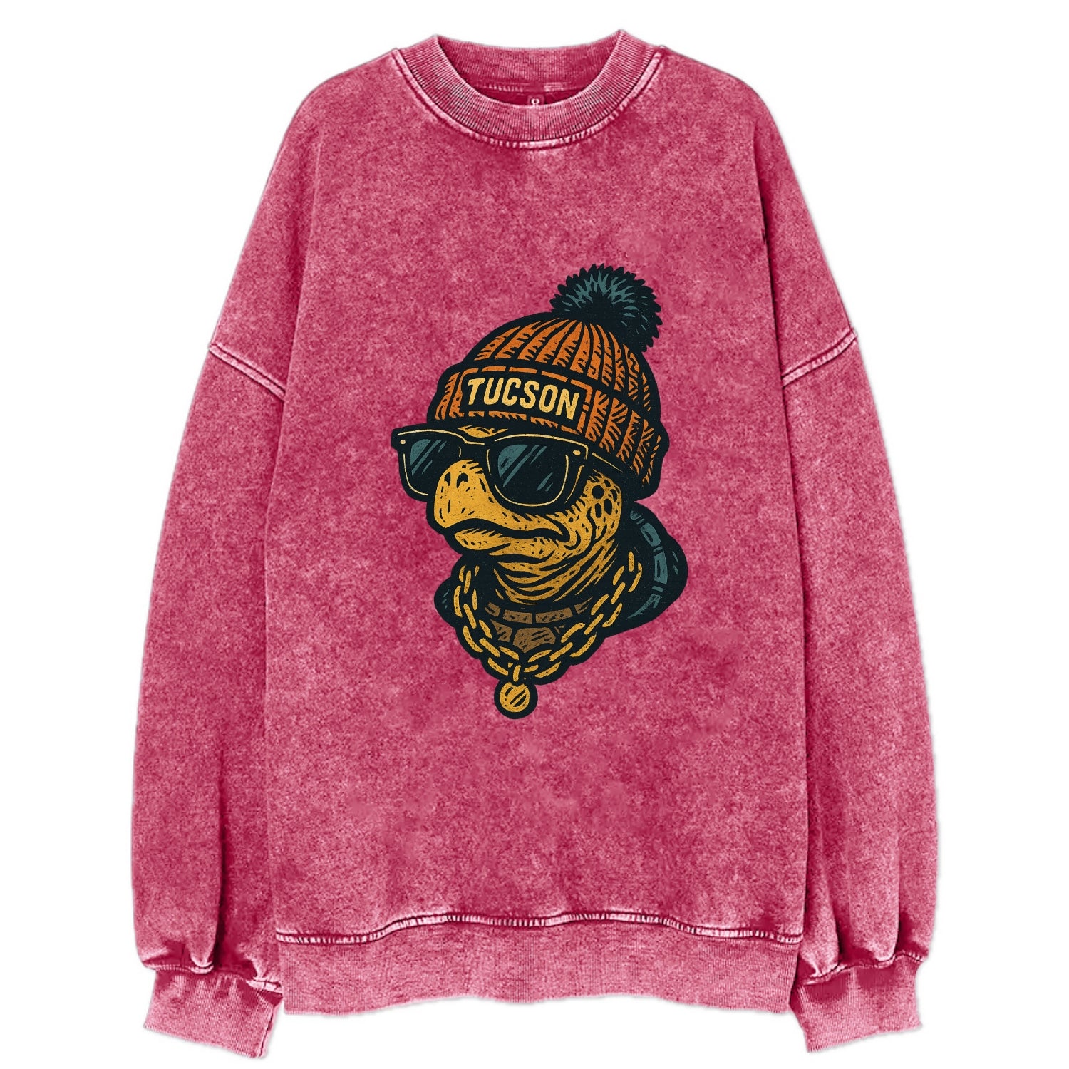 Tucson Desert Tortoise wearing Tucson beanie with pom pom and wayfarer - Vintage Sweatshirt - Pink