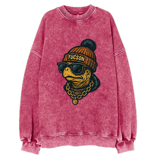 Tucson Desert Tortoise wearing Tucson beanie with pom pom and wayfarer - Vintage Sweatshirt
