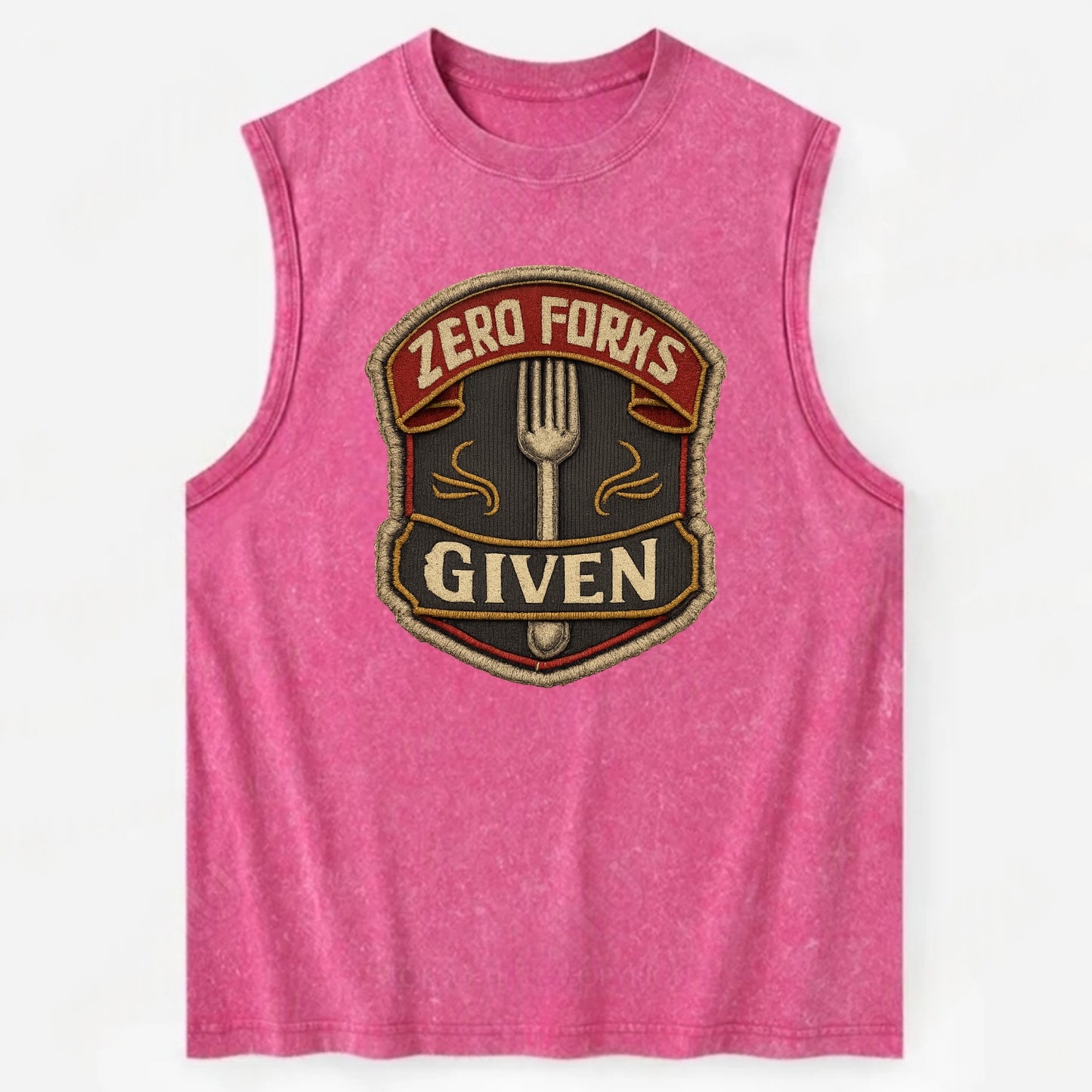 ZERO FORKS GIVEN - fork with text in silver , no cares attitude - Vintage Washed Tank - Pink