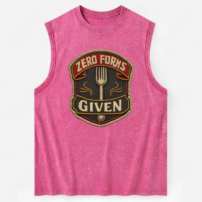 ZERO FORKS GIVEN - fork with text in silver , no cares attitude - Vintage Washed Tank - Pink