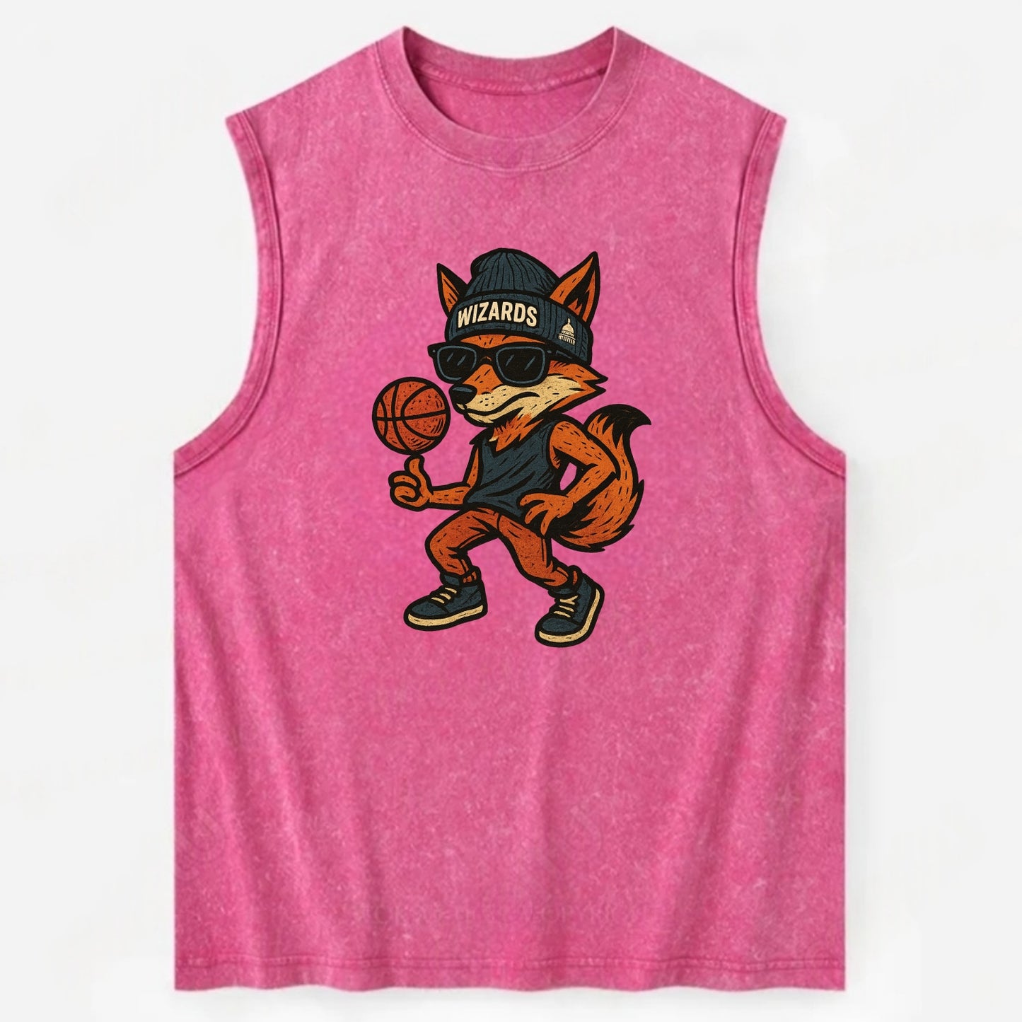 Washington Fox wearing Wizards beanie with capitol patch and wayfarer - Vintage Washed Tank - Pink
