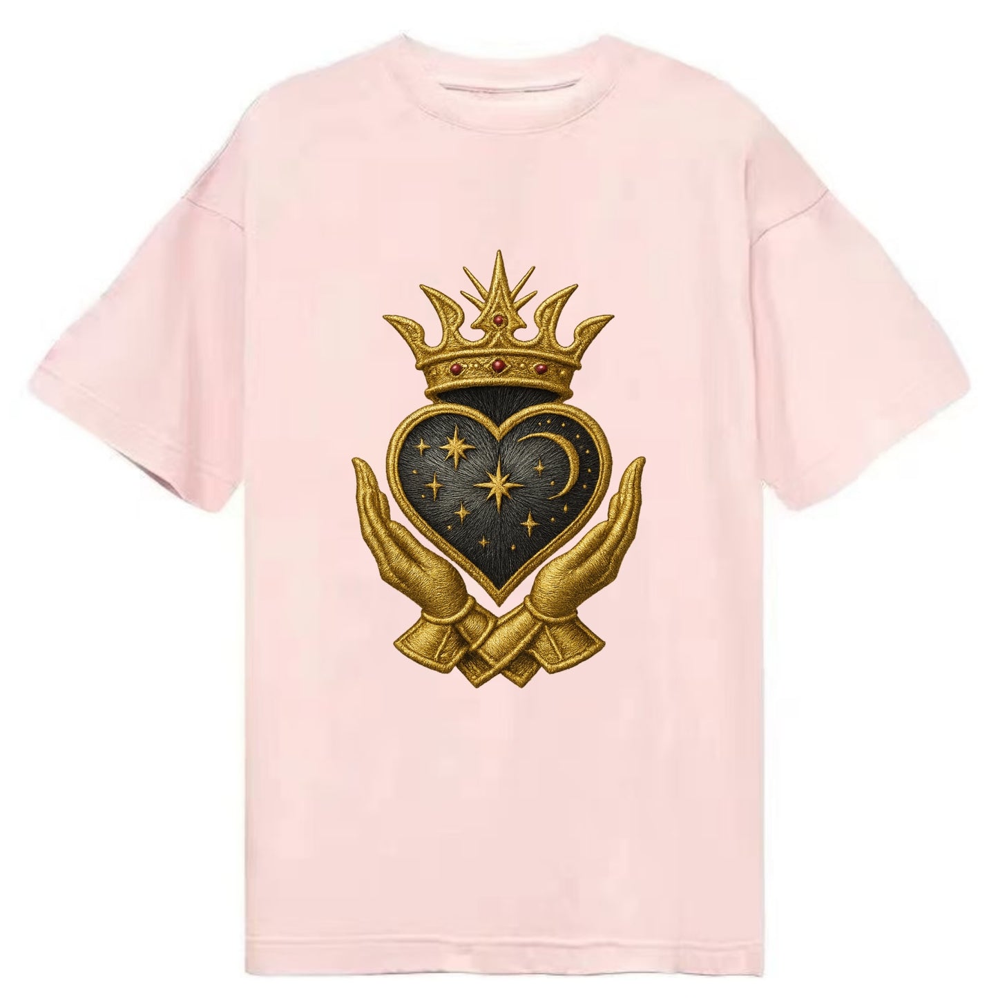 Hammered bronze warrior crown anchoring a dark steel heart with shield-bearing - Classic T-shirt - Pink