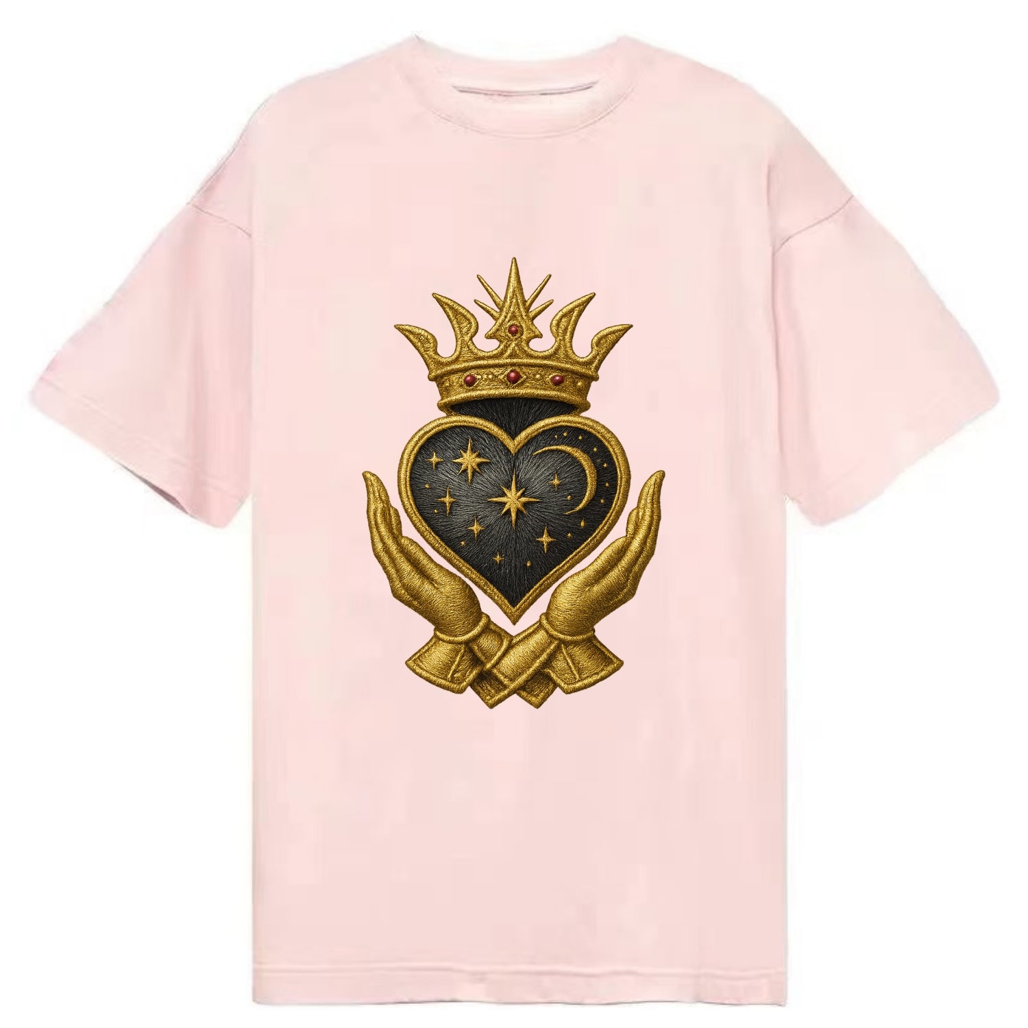 Hammered bronze warrior crown anchoring a dark steel heart with shield-bearing - Classic T-shirt - Pink