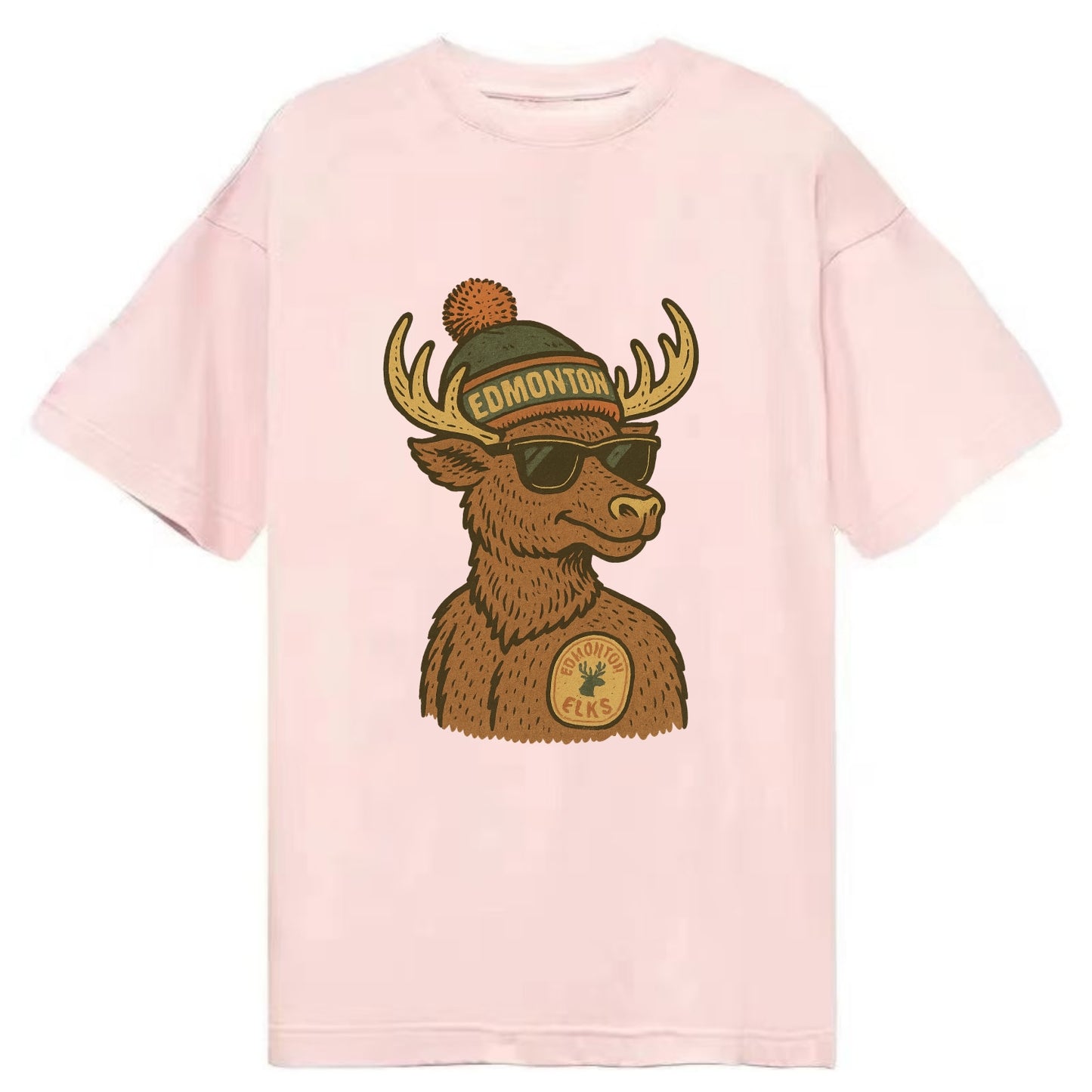 Edmonton Elk wearing Edmonton beanie with pom pom and wayfarer sunglasses - Classic T-shirt - Pink
