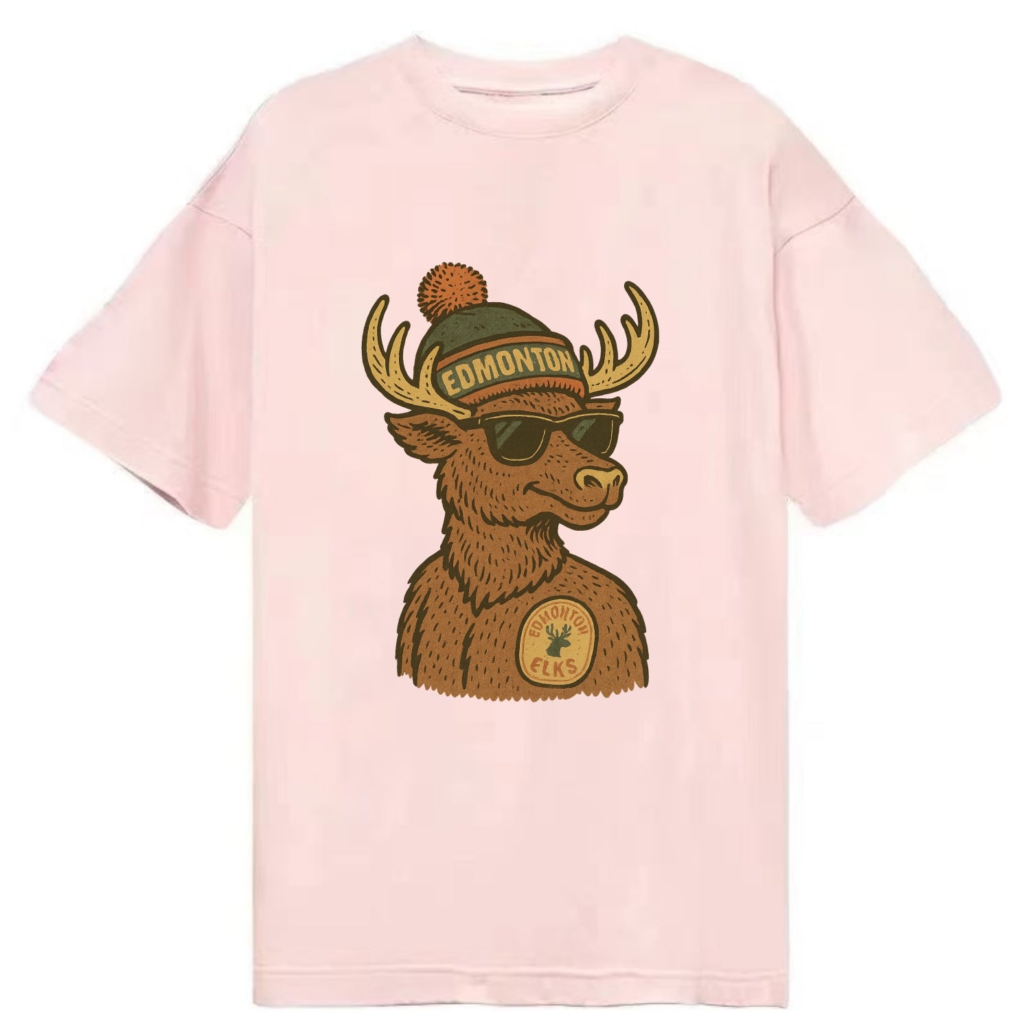 Edmonton Elk wearing Edmonton beanie with pom pom and wayfarer sunglasses - Classic T-shirt - Pink