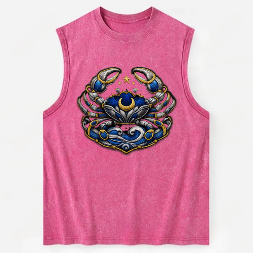 CANCER CRAB - protective crab in silver and blue , water sign - Vintage Washed Tank