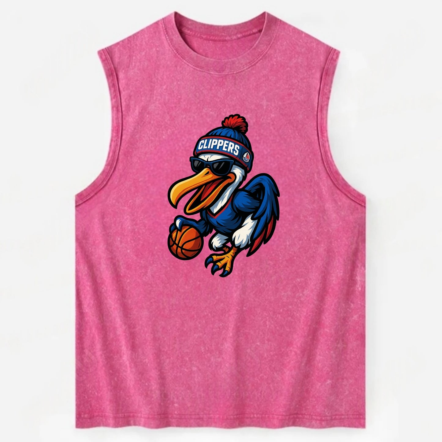 Los Angeles Pelican wearing Clippers beanie with sailboat patch and wayfarer - Vintage Washed Tank - Pink