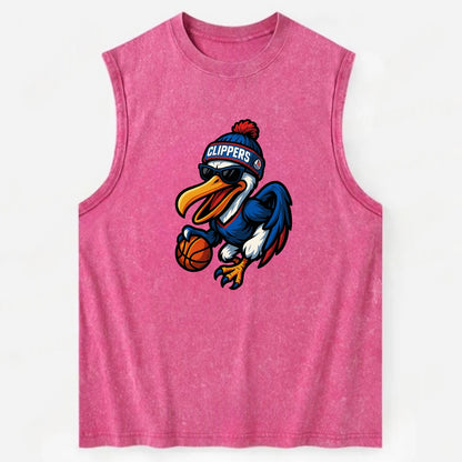 Los Angeles Pelican wearing Clippers beanie with sailboat patch and wayfarer - Vintage Washed Tank - Pink