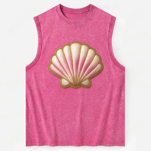 SEASHELL SCALLOP - scallop shell in cream and pink , beach - Vintage Washed Tank - Pink