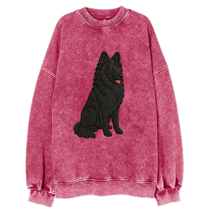 Belgian Sheepdog - Black long-haired embroidered pose - Vintage Sweatshirt - Pink