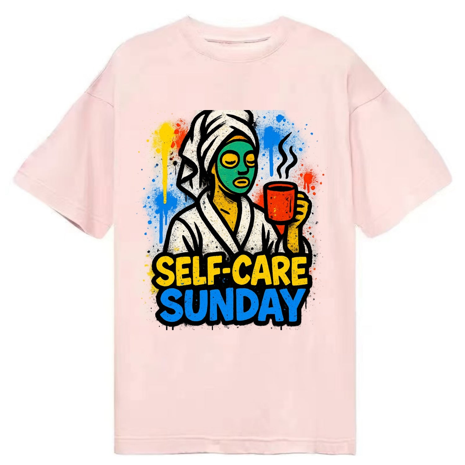 Person in bathrobe with face mask and tea - self-care Sunday ritual, wellness - Classic T-shirt - Pink