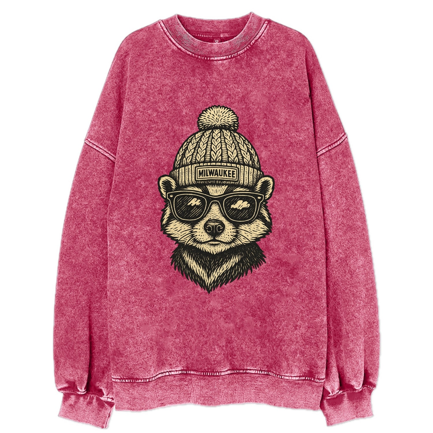 Wisconsin Badger wearing Milwaukee beanie with pom pom and wayfarer sunglasses - Vintage Sweatshirt - Pink