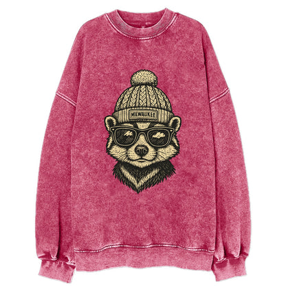 Wisconsin Badger wearing Milwaukee beanie with pom pom and wayfarer sunglasses - Vintage Sweatshirt - Pink