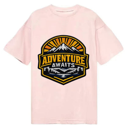 ADVENTURE AWAITS - mountain sunrise with text in gold and blue , wanderlust - Classic T-shirt - Pink