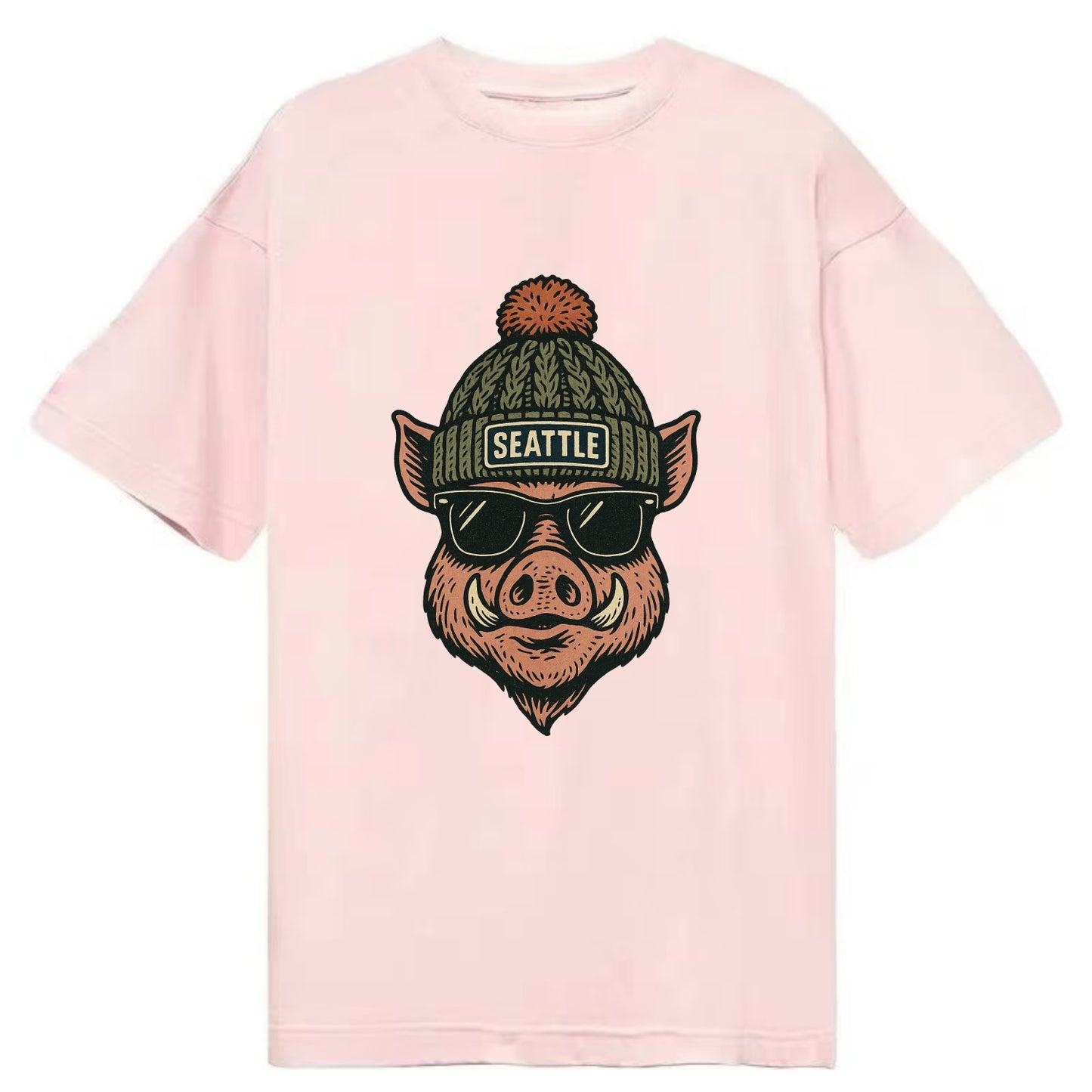 Washington Hog wearing Seattle beanie with pom pom and wayfarer sunglasses - Classic T-shirt - Pink