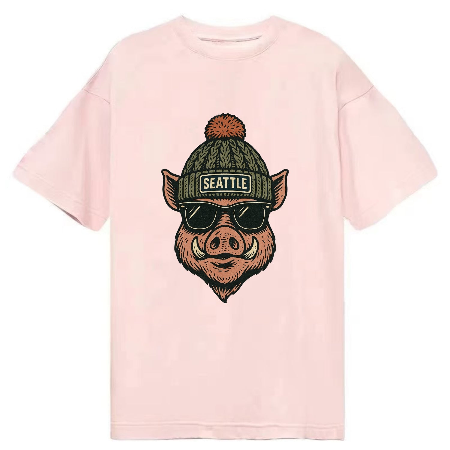 Washington Hog wearing Seattle beanie with pom pom and wayfarer sunglasses - Classic T-shirt - Pink