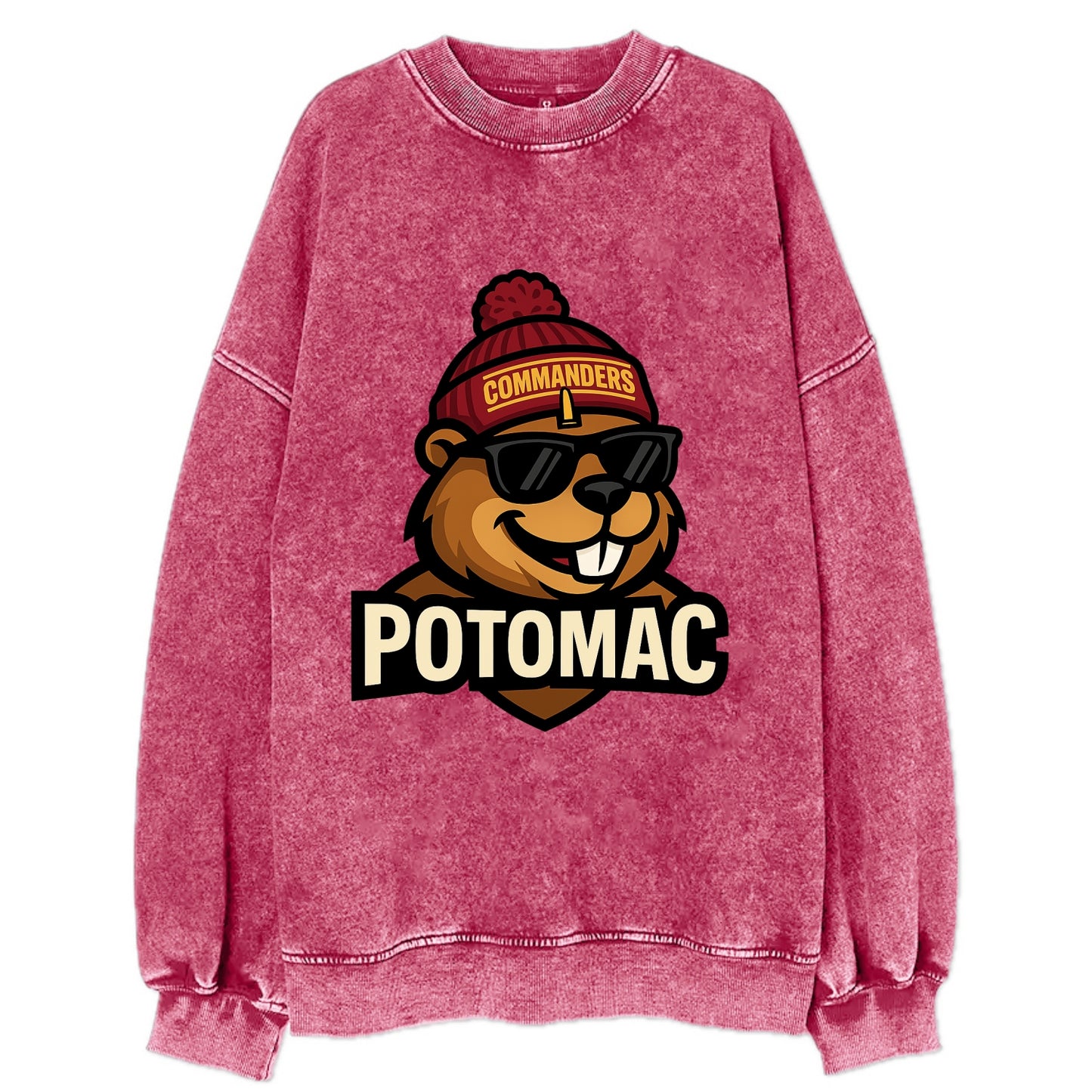Potomac Beaver wearing Commanders beanie with monument patch and wayfarer - Vintage Sweatshirt - Pink