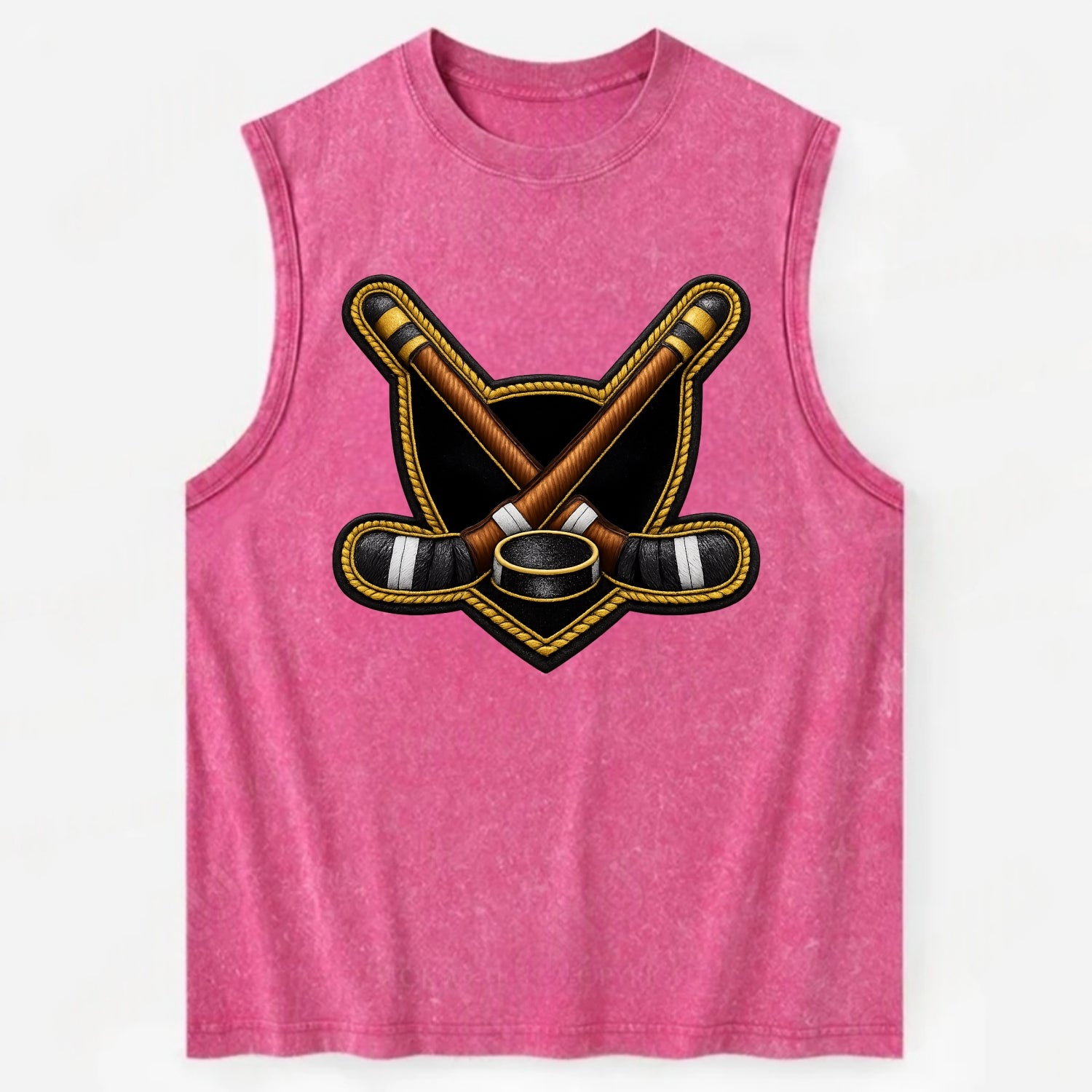 Embroidered patch design - HOCKEY CROSSED STICKS - ice hockey sticks with - Vintage Washed Tank - Pink