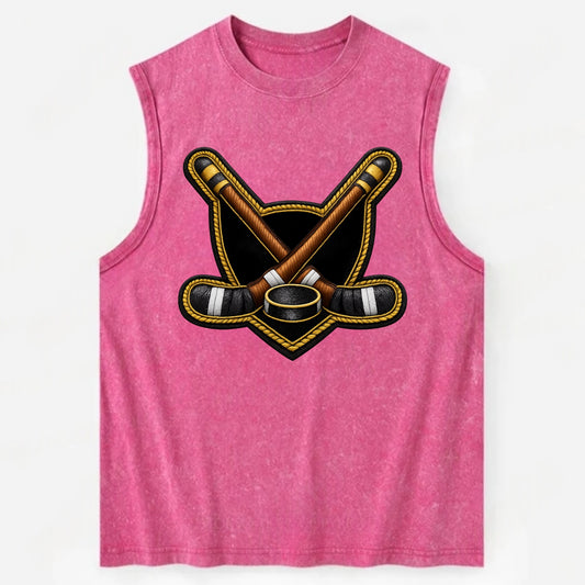Embroidered patch design - HOCKEY CROSSED STICKS - ice hockey sticks with - Vintage Washed Tank - Pink