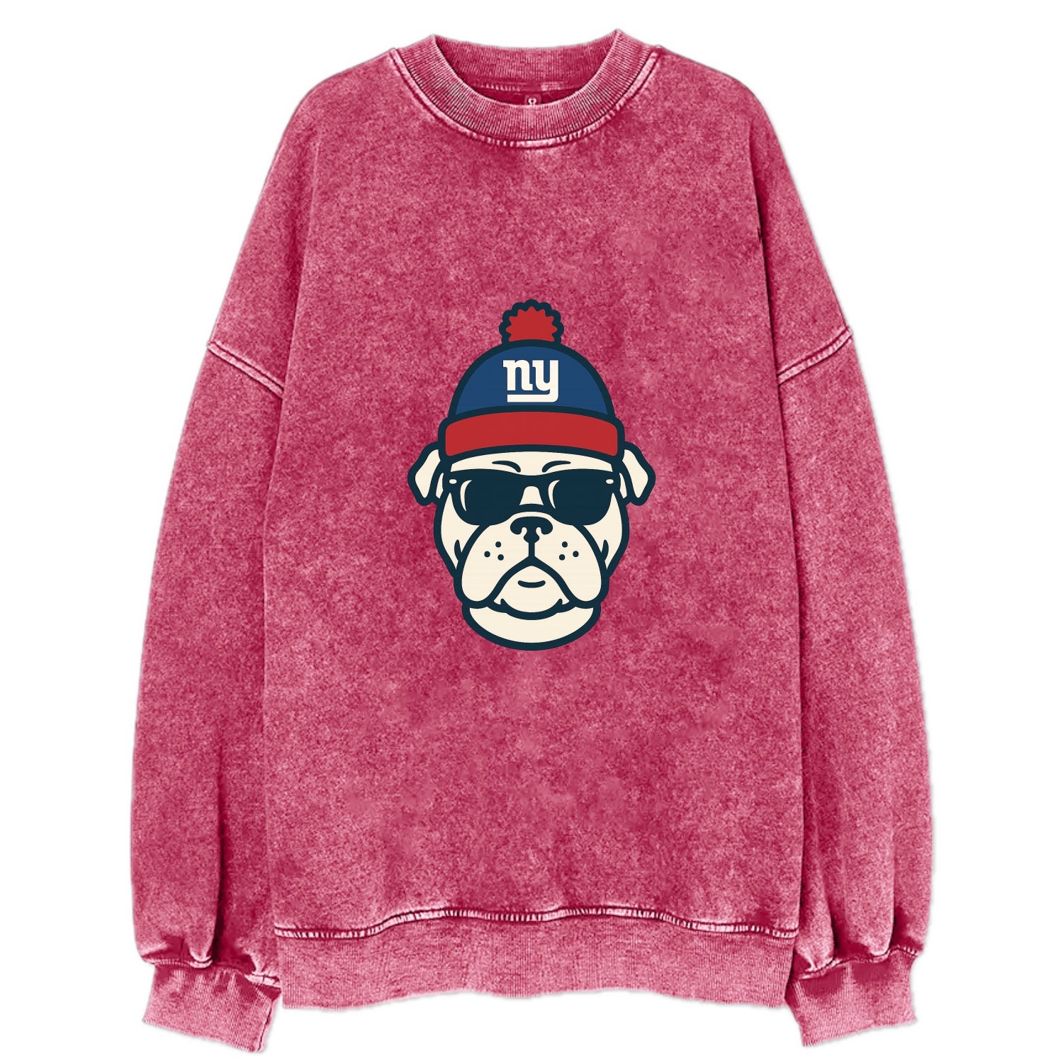 New York Bulldog wearing Giants blue and red beanie with pom pom and wayfarer - Vintage Sweatshirt - Pink