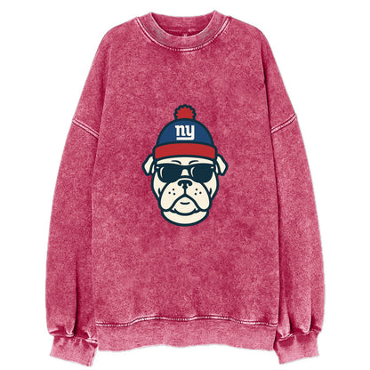 New York Bulldog wearing Giants blue and red beanie with pom pom and wayfarer - Vintage Sweatshirt - Pink