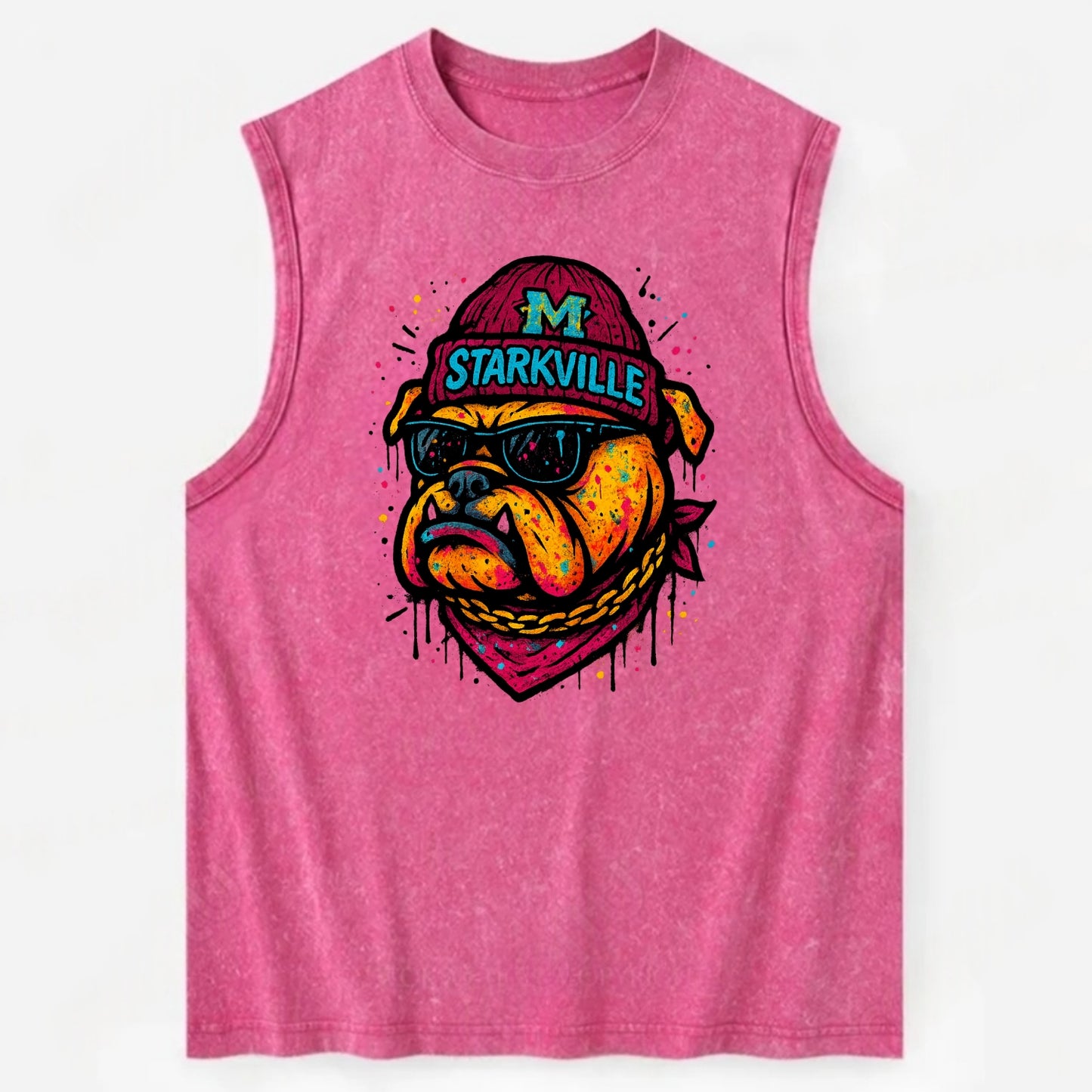 Starkville Bulldog wearing Mississippi State beanie with M patch - Vintage Washed Tank - Pink