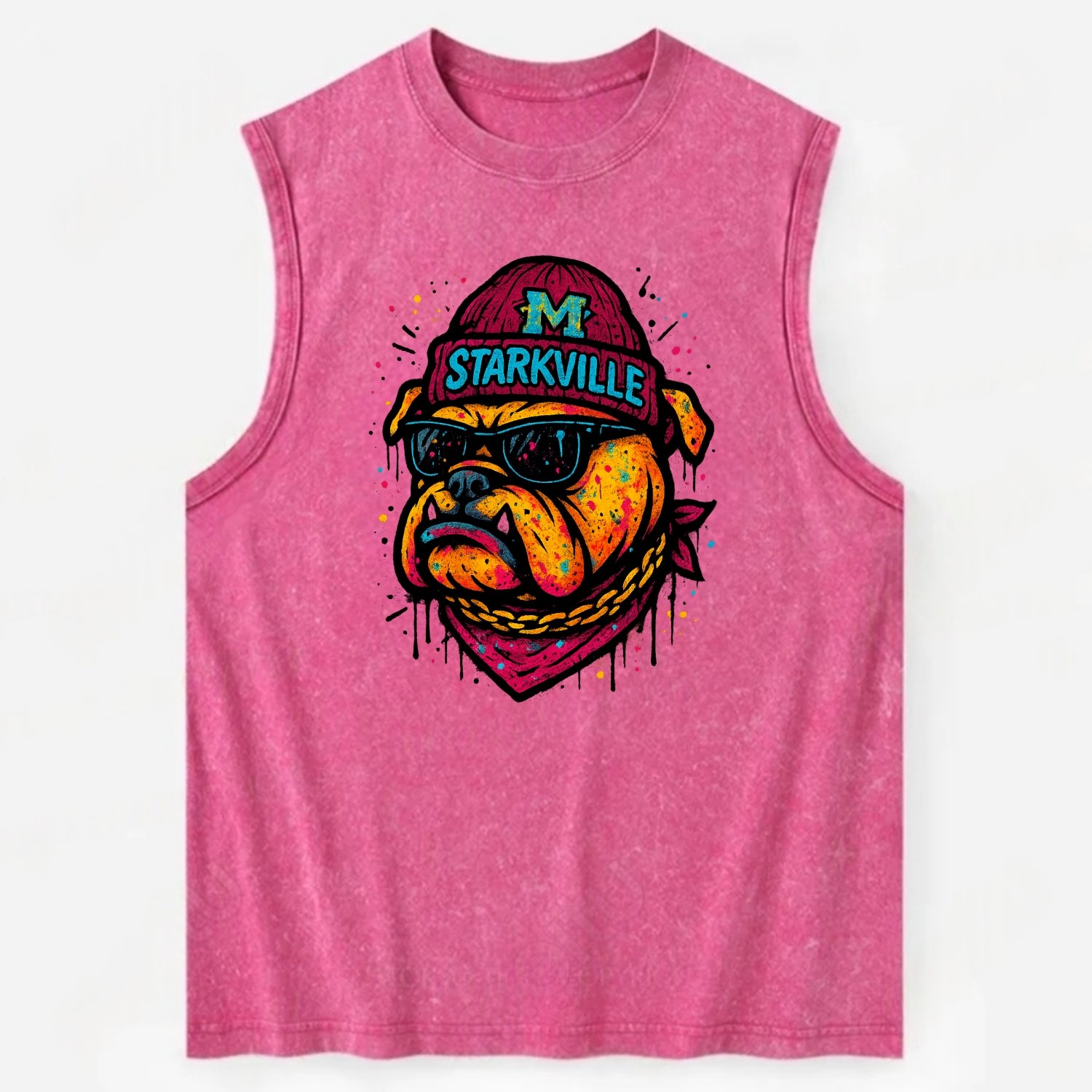 Starkville Bulldog wearing Mississippi State beanie with M patch - Vintage Washed Tank - Pink