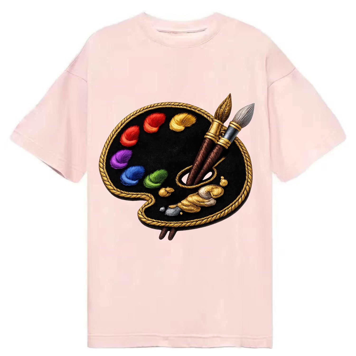 Embroidered patch design - PAINT PALETTE - artist palette with brushes in rainbow - Classic T-shirt - Pink