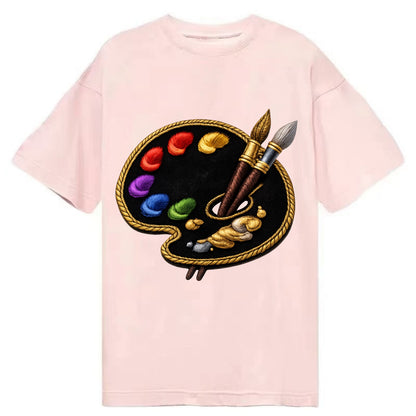 Embroidered patch design - PAINT PALETTE - artist palette with brushes in rainbow - Classic T-shirt - Pink