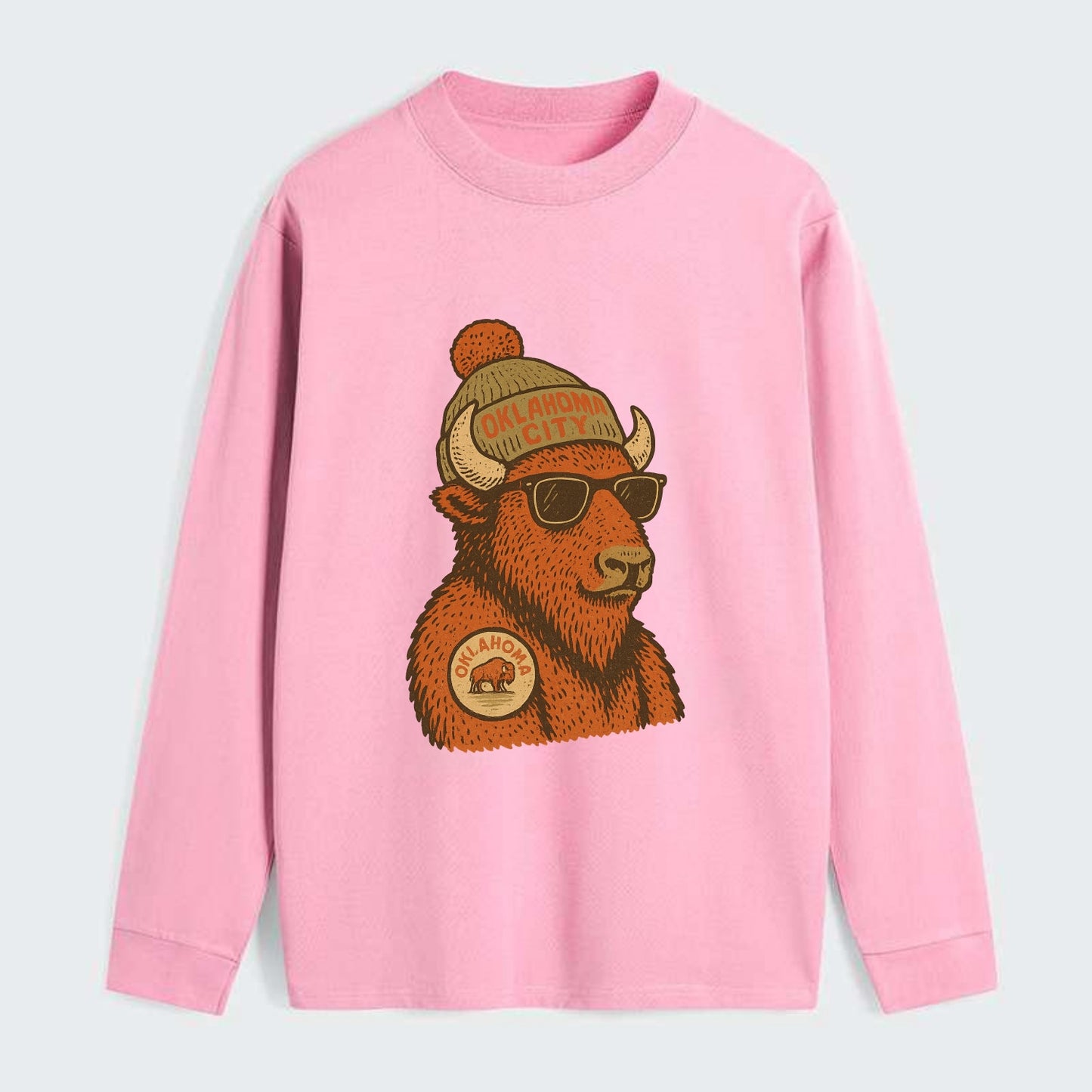 Oklahoma Buffalo wearing Oklahoma City beanie with pom pom and wayfarer - Classic Long Sleeve Shirt - Pink