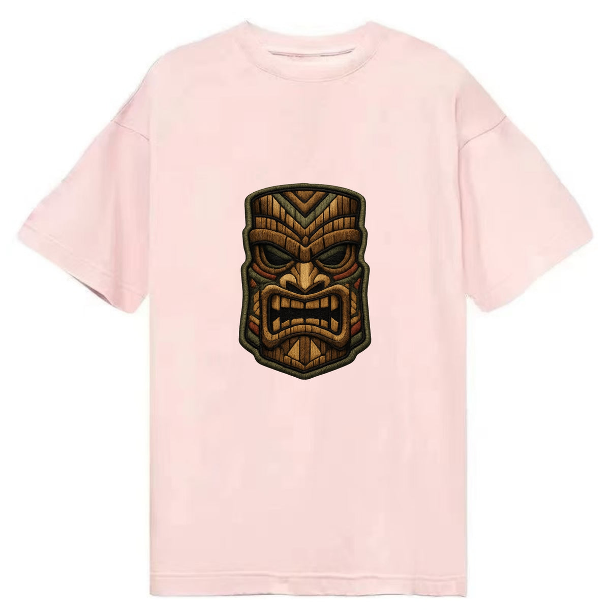 TIKI MASK - carved totem in brown and red , Polynesian - Classic T-shirt - Pink