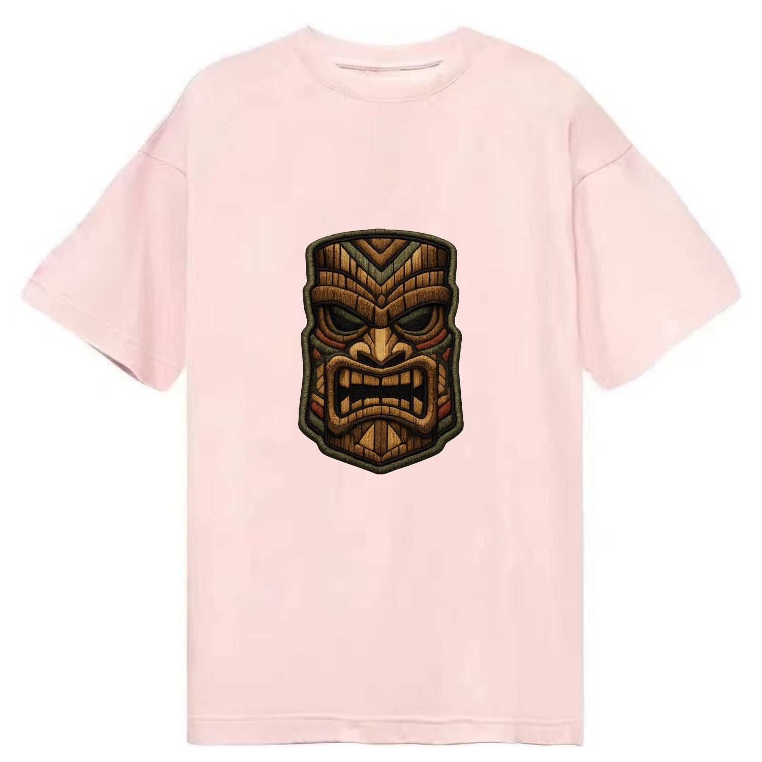TIKI MASK - carved totem in brown and red , Polynesian - Classic T-shirt - Pink