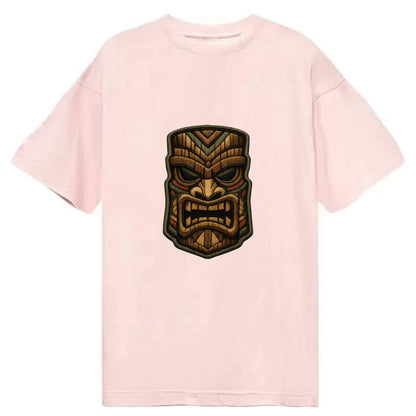 TIKI MASK - carved totem in brown and red , Polynesian - Classic T-shirt - Pink