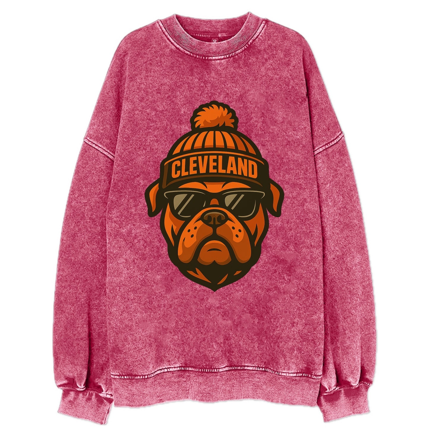 Cleveland Bulldog wearing Browns orange and brown beanie with pom pom and - Vintage Sweatshirt - Pink