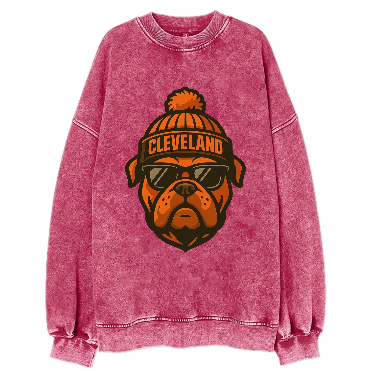 Cleveland Bulldog wearing Browns orange and brown beanie with pom pom and - Vintage Sweatshirt - Pink