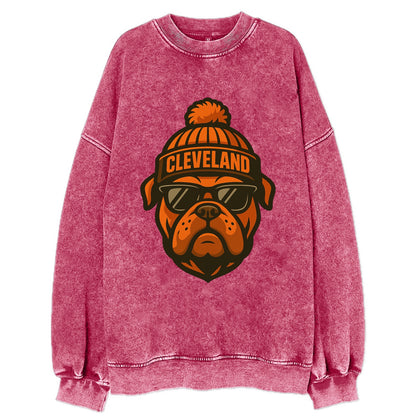 Cleveland Bulldog wearing Browns orange and brown beanie with pom pom and - Vintage Sweatshirt - Pink