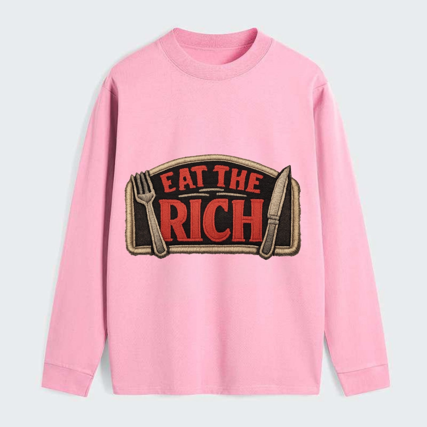 EAT THE RICH - fork and knife with text in red and silver , class war - Classic Long Sleeve Shirt - Pink