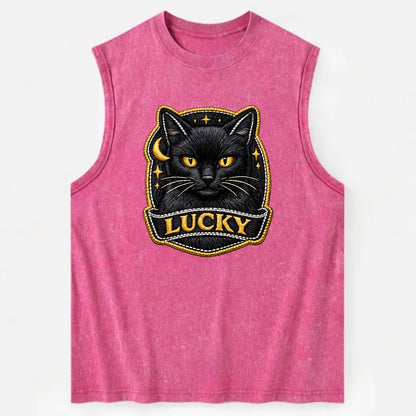 BLACK CAT LUCKY - sleek black cat with gold eyes in black , mysterious feline - Vintage Washed Tank - Pink