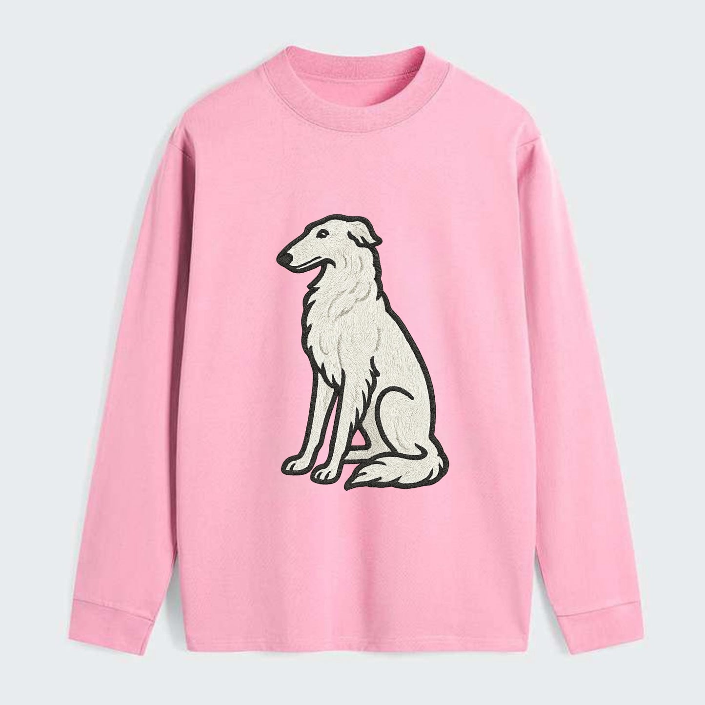 Borzoi - White embroidered sitting pose - Classic Long Sleeve Shirt - Pink