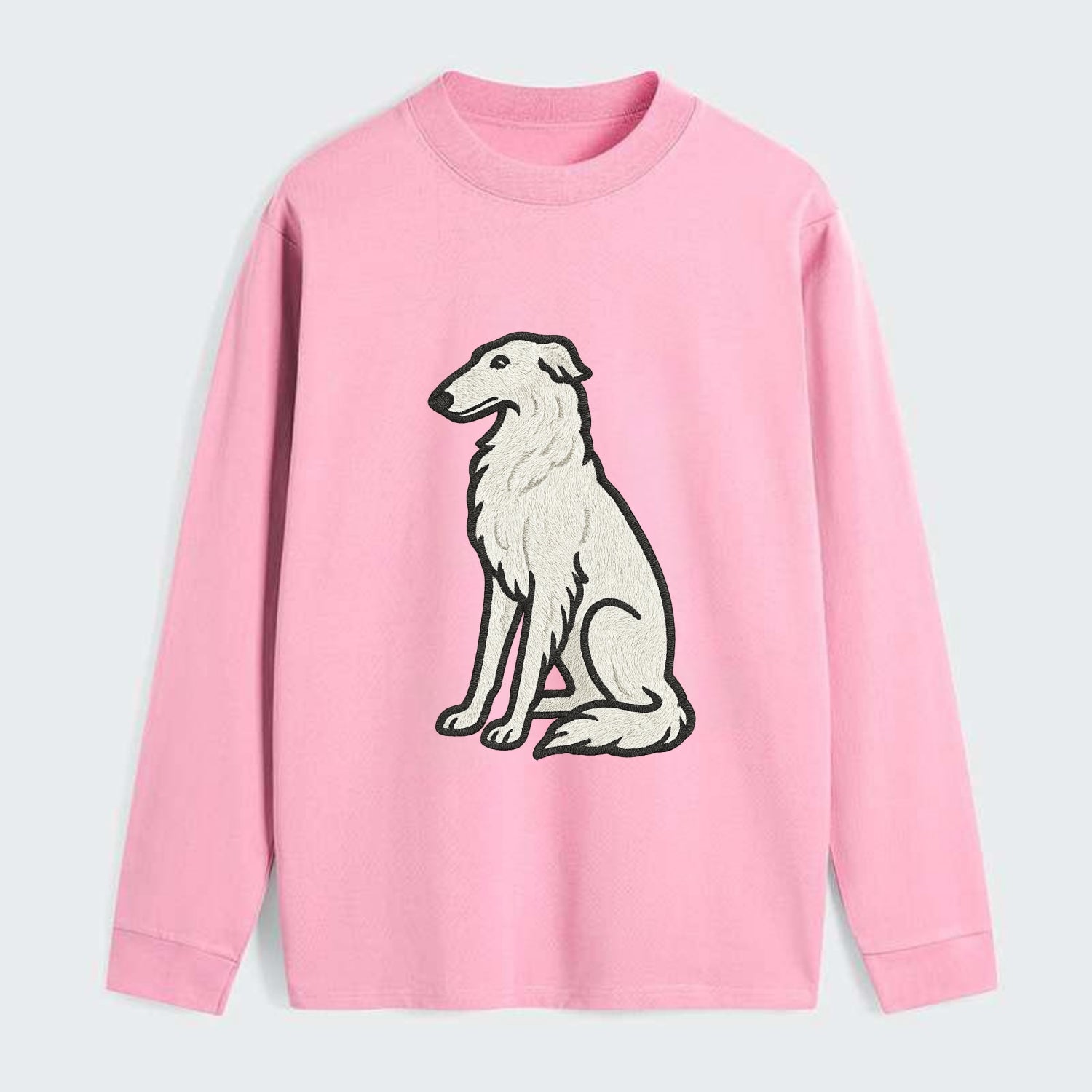 Borzoi - White embroidered sitting pose - Classic Long Sleeve Shirt - Pink