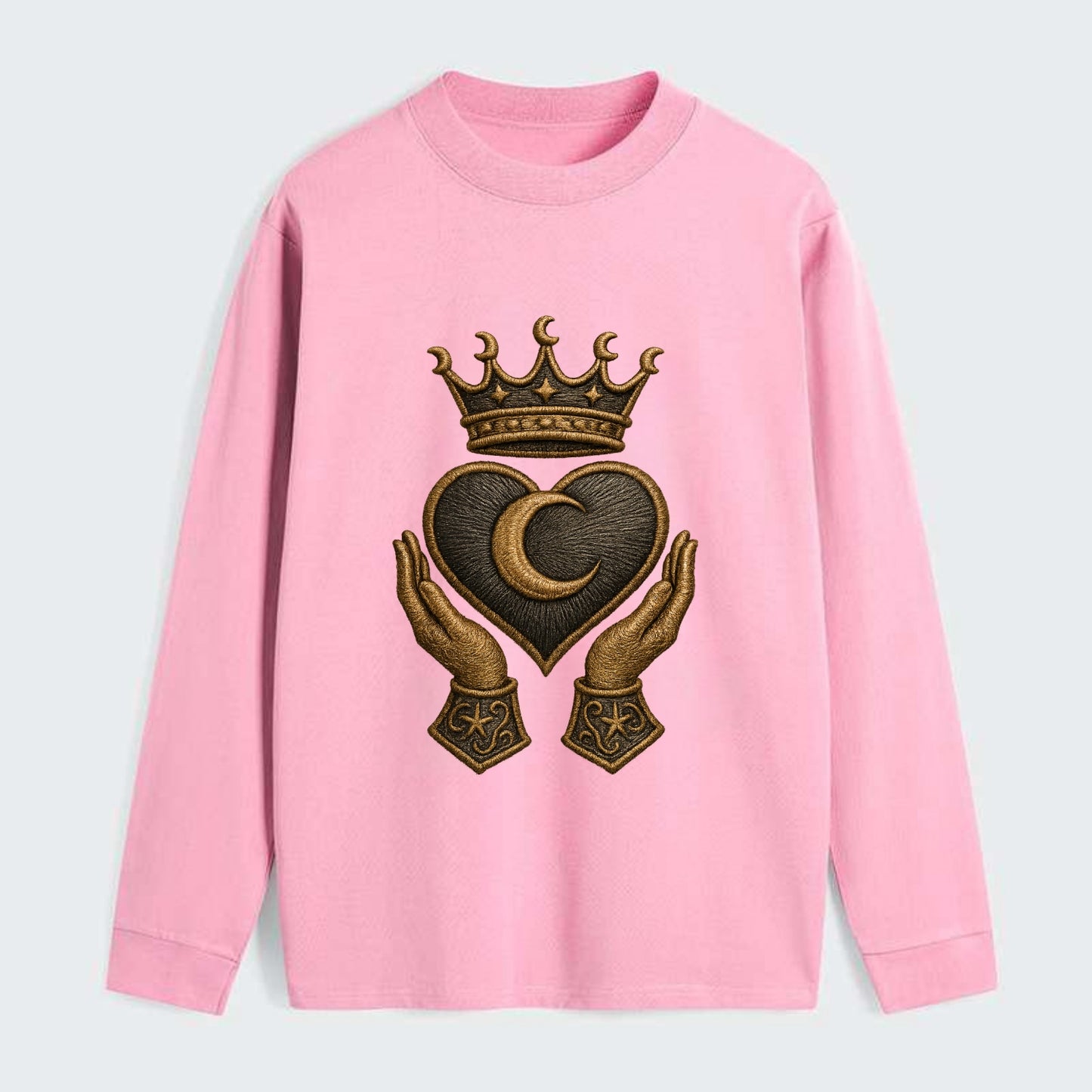 Moonlit crescent crown cradling a hematite heart with stargazer hands - Classic Long Sleeve Shirt - Pink