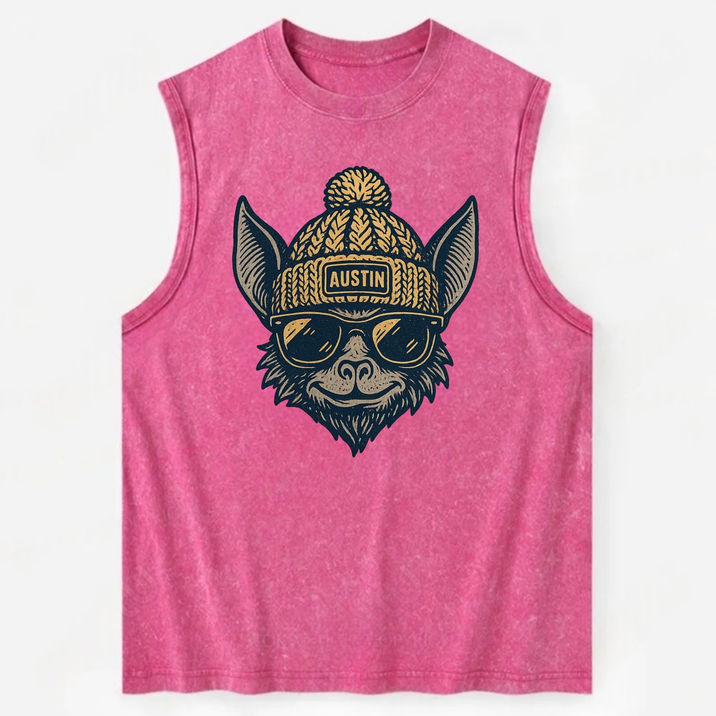 Austin Bat wearing Austin beanie with pom pom and wayfarer sunglasses - Vintage Washed Tank - Pink