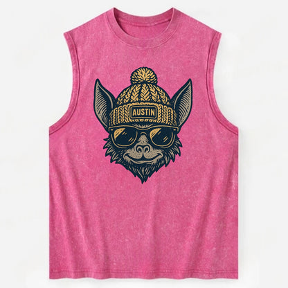 Austin Bat wearing Austin beanie with pom pom and wayfarer sunglasses - Vintage Washed Tank - Pink