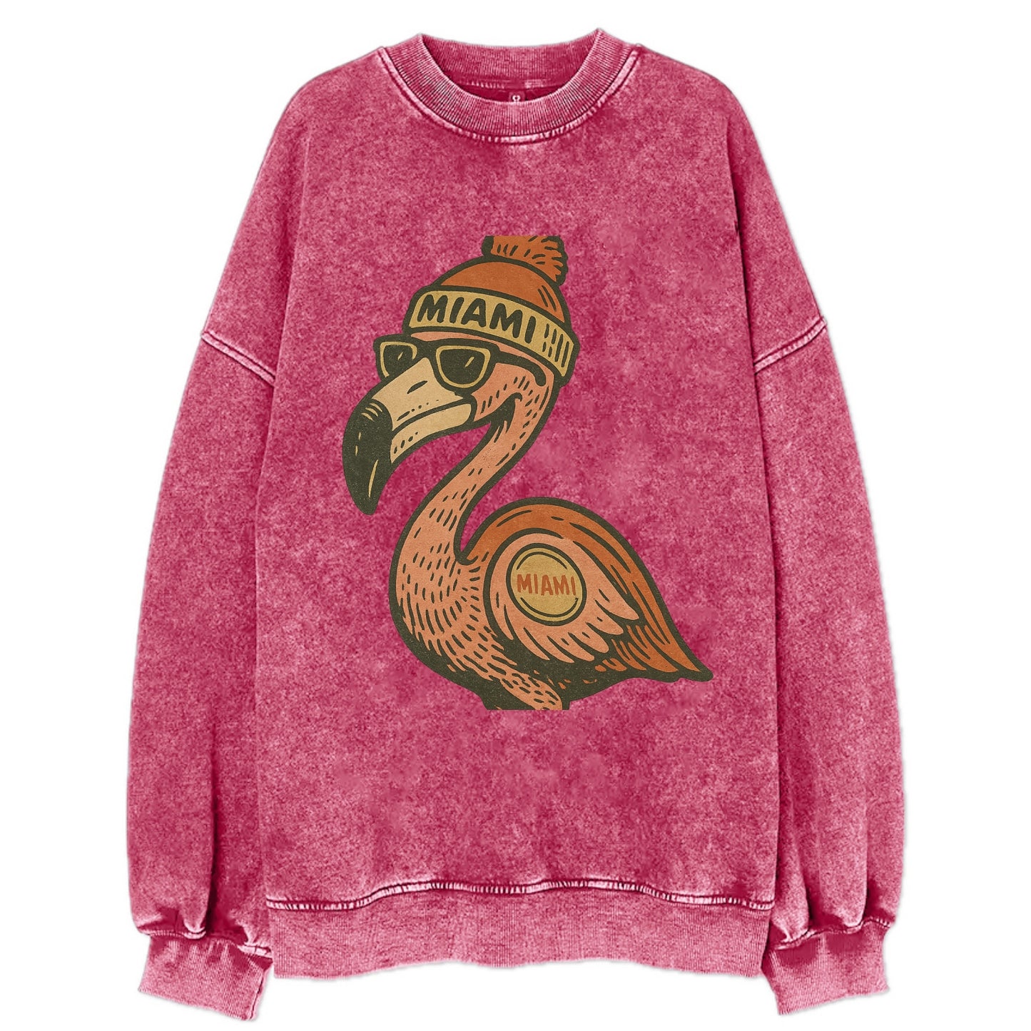 Miami Flamingo wearing Miami beanie with pom pom and wayfarer sunglasses - Vintage Sweatshirt - Pink